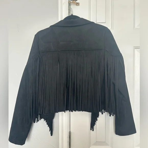 SHEIN Black Suede Fringe Crop Jacket - Picture 3 of 4
